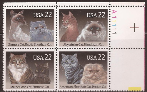 US Stamp 1988 Cats - 4 Stamp Plate Block #2372-5