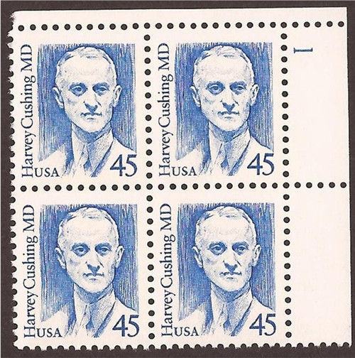 US Stamp 1988 45c Harvey Cushing MD - Plate Block of 4 Stamps