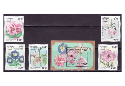 Cambodia - Flowers - 5 Stamp & S/S Mint Set MNH 1264-9