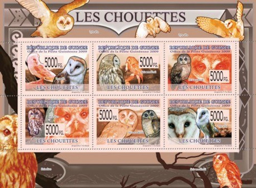 Guinea - Owls - 6 Stamp Mint Sheet MNH - 7B-991
