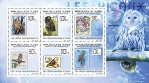 Guinea - Owls On Stamps - 6 Stamp Mint Sheet - 7B-1017