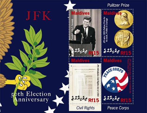 Maldives - John F Kennedy on Stamps - 4 Stamp Mint Sheet MLD1007