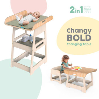 Changy Convertible Baby Changing Table and Activity Set in birch plywood – shown in flat and bent table versions.