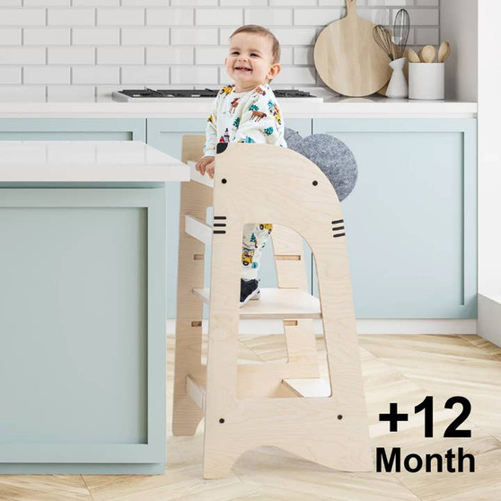 White minimalist birch wood learning tower for toddlers and kids