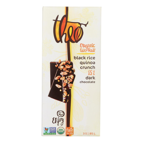 Theo Chocolate Black Rice Quinoa Crunch - 85 Percent Dark Chocolate - Case Of 12 - 3 Oz.