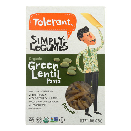 Tolerant Simply Legumes Green Lentil Pasta - Penne - Case Of 6 - 8 Oz.