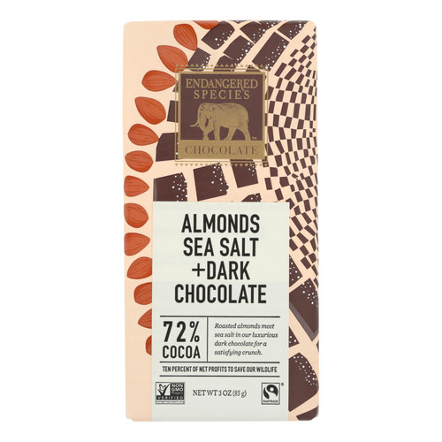 Endangered Species Natural Chocolate Bar - Dark Chocolate - 72 Percent Cocoa - Sea Salt And Almonds - 3 Oz Bars - Case Of 12