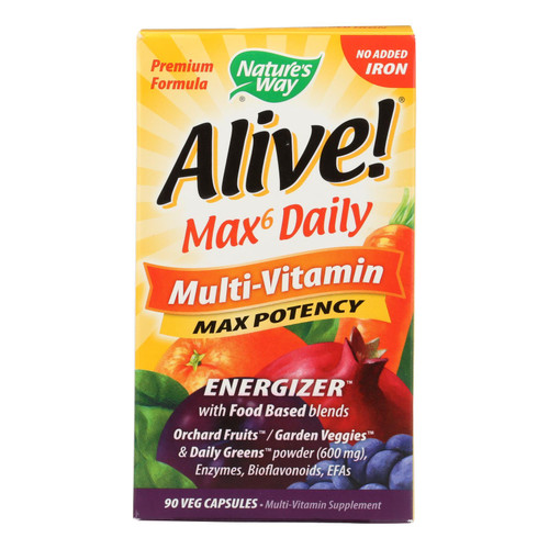 Nature's Way - Alive! Max6 Daily Multi-vitamin - Max Potency - No Iron Added - 90 Veg Capsules