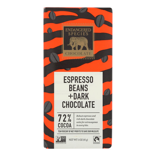 Endangered Species Natural Chocolate Bars - Dark Chocolate - 72 Percent Cocoa - Espresso Beans - 3 Oz Bars - Case Of 12