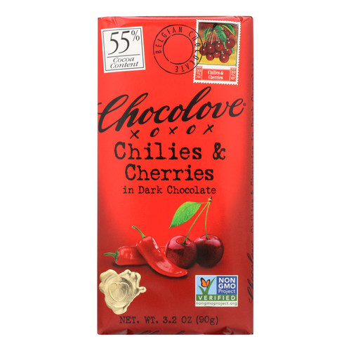 Chocolove Xoxox - Premium Chocolate Bar - Dark Chocolate - Chilies And Cherries - 3.2 Oz Bars - Case Of 12