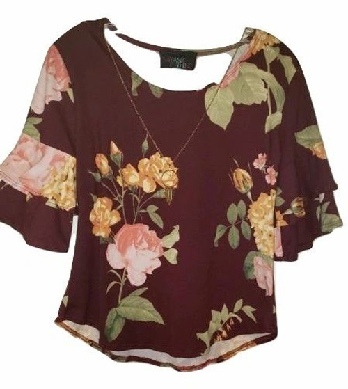 Burgundy Floral Double Ruffle Sleeve