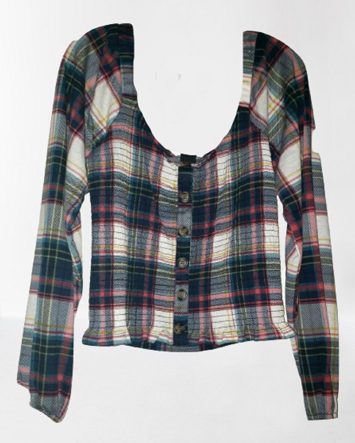 Navy Plaid Smock Button Front Top