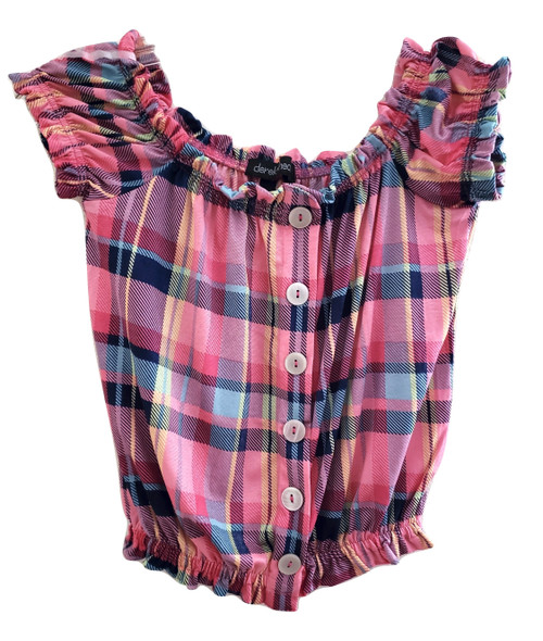 Rose Navy Plaid Button Ruffle