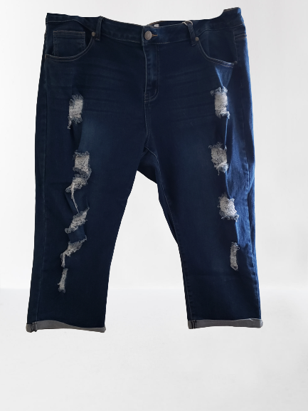 Blue Distress Shred Cuff Capri