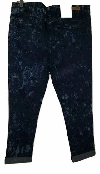 Ripped Acid Wash Dark Blue Cuff Jeans