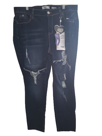 Dark Blue Layer Destruct Fray Hem Jeans
