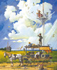 Close up of a sun-soaked seaside scene of a horse-drawn wagon by dune grass with two boys on top and a girl feeds seagulls from a watchtower.