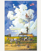 Sun-soaked seaside scene of a horse-drawn wagon by dune grass with two boys on top, a girl collecting seashells nearby, and another feeding seagulls from a watchtower.
