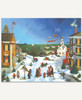 A festive maritime holiday scene by Linda Nelson Stocks featuring a snowy harbor town. Townsfolk in Victorian attire gather to sing carols, while children play in the snow. The charming buildings, church, and lampposts are decorated with garland and red bows. Sailing ships adorned with festive bunting sit in the harbor, and an inn with a Christmas tree on its roof glows warmly in the background. The lively scene captures the magic of a coastal Christmas celebration.