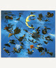 Folk-art style Halloween illustration featuring witches flying across a night sky on broomsticks, bird-like creatures, tiny airplanes, etc. A giant yellow crescent moon with glowing red eyes, a large red nose, and a frowning face looms overhead. Beneath the moon, a curling ribbon banner reads “YOUR BASIC EVIL BLACK SQUADRON.”