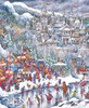 Close up of Camelot wooden jigsaw puzzle capturing a medieval scene of a castle hidden within the mountains on a snowy evening, as a royal party takes place outside by a frozen pond. Colorful tents are set up between the pine trees while people ice skate, dance, and sled down a hill. Close up of Camelot wooden jigsaw puzzle capturing a medieval scene of a castle hidden within the mountains on a snowy evening, as a royal party takes place outside by a frozen pond. Colorful tents are set up between the pine trees while people ice skate, dance, and sled down a hill.