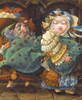 Close up of a stout man and woman standing together on a cobblestone surface, both dressed in richly layered, multi-textured clothing with dramatic ribbons and elaborate headwear. Each character is holding a large, wide-eyed teal fish.