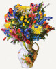 A vibrant floral arrangement of tulips, irises, chrysanthemums, and other blooms on display in a decorative pitcher with an elegant floral design.