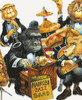 Close up of New Nairobi Jazz Band wooden jigsaw puzzle presenting six primates dressed up in tuxedos playing a variety of instruments– clarinet, piano, drums, trumpet, double bass, and guitar. In front of the gorilla playing the piano is a sign introducing the troop as "The New Nairobi Jazz Band". Next to the baboon playing the double bass is a black cat listening to the music.