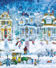 Close up of Winter Village wooden jigsaw puzzle illustrating four houses next to each other in a village during a snowy day. Children play outside in the snow as they build a snowman, sledding, and making snow angels. For the adults, it's a day of cleaning snow off cars and clearing pathways.