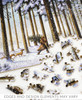 Pieces taken apart of Winter Scene Man With Tree wooden jigsaw puzzle presenting a man carrying a pine tree over his shoulder through the snow covered woods with his two dogs traveling behind. A warm cabin hides behind the trees in the distance.