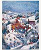 Puzzle featuring the artwork "Christmas Barn" by Bill Bell, portraying a snowy winter scene with Christmas trees, carolers, ice skating, sledding, and Santa standing in the doorway of a festive barn, with a town, mountains, and reindeer in the background.