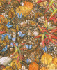 Close-up of Spirit Takes Flight wooden jigsaw puzzle showing an arrangement of leaves, rocks, and pine needles on the forest floor that manifests a face of a Native American. Blue and orange butterflies crawl around the ground on the left side of the man's face.