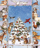 Close up of a group of animals joyfully decorating a small pine tree as a Christmas centerpiece with apples, berries, pinecones, and ribbon.