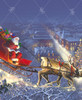 Close up of a puzzle featuring Santa in his sleigh pulled by reindeer above a snow-covered town, with a twinkling Christmas tree, a snowman, and a golden trail of light beneath the sleigh.