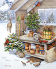 Close up of the Potting Shed puzzle featuring snowy scene with a garden shed, a deer, squirrel, birds, and pine cones, illustrated by Kathy Goff.
