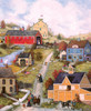 Close up of a folk-art style illustration of a charming 19th-century American village nestled among rolling green hills. Dirt paths wind through peaceful pastures and connect cozy homesteads, while villagers travel by horse-drawn carriage, horseback, and on foot.