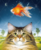 Close-up of Catatonic wooden jigsaw puzzle ,uncovering a Maine Coon cat looking up towards the star-filled sky where a goldfish floats in the air next to the moon, with little bubbles coming out of its mouth. Behind the cat is a landscape of rolling hills and ponds.