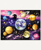 Outer space illustration featuring Earth at the center surrounded by Mercury, Venus, Mars, Jupiter, Saturn, Uranus, and Neptune. Bright stars twinkle across deep purple, pink, and black cosmic clouds while comets streak through space and distant galaxies glow in the background.
