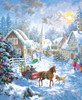 Handcrafted wooden jigsaw puzzle featuring a snowy village scene with carolers, children building snowmen, and a horse-drawn sleigh carrying Christmas trees. The village glows with twinkling lights, and the golden sun shines through a wintry sky.
