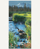 Summer Place wooden jigsaw puzzle illustrates two geese standing in the rocky water of a brook, surrounded by a field of tall grass and wildflowers. Butterflies flutter around the birds as they go flower to flower. Pine trees line the end of the field, stretching back to the snow-capped mountains.