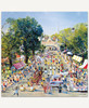 A lively parade scene from the Yarmouth Clam Festival, with crowds seated along the sidewalks watching the festivities pass by. Warm summer colors and cheerful details capture the excitement and community spirit of a classic hometown festival.