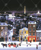 Close up of a snowy Christmas scene in Washington, D.C., by Michel Delacroix featuring a historic neighborhood with glowing shop windows and brick buildings.