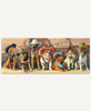 The Magnificent Seven wooden jigsaw puzzle transports you to the wild west with a group of dogs dressed in their finest cowboy hats and bandanas as they sit in front of a rock structure.
