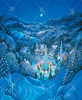 Close up of a puzzle featuring the artwork "Road to Christmas" by Bill Bell, portraying a blue-toned mountain scene overlooking a brightly lit, towering Christmas tree in the town center with people gathered around it.
