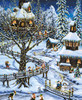 Close up of a handcrafted wooden jigsaw puzzle featuring Elfin Magic by artist Jeff Tift. The scene showcases playful Christmas elves in a festive flurry, bringing Santa’s workshop to life with bright colors, cheerful expressions, and holiday magic.