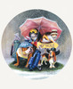 Group of cats and dogs caught in a heavy rainstorm on the 19th hole of a golf course underneath a bright pink umbrella.