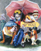 Close up of a group of cats and dogs caught in a heavy rainstorm on the 19th hole of a golf course underneath a bright pink umbrella.