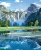 Close up of Yosemite Spring wooden jigsaw puzzle, unveiling a spring located within the snow-capped mountains of Yosemite National Park. Deer gather by the water as a family of bears and raccoons make their journey toward the spring. The crystal clear water creates a mirror effect as it reflects the mountains and blue sky.