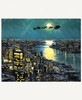 Santa flying over the moon in his sleigh with eight reindeer, cracking his whip above the Hudson River, with a glowing skyline of apartment lights below, painted in oil by Tom Browning.