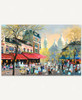 Paris Artist Square wooden jigsaw puzzle shows the heart of Montmartre where artists set up their easels in the center square, surrounded by historic buildings and cobblestone streets.
